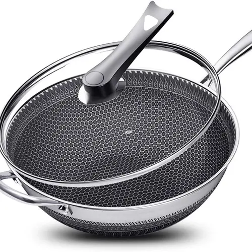 13.39-Inch 3-Layer Stainless Steel Non-Stick Wok with Lid, Cool-Touch Handle, Honeycomb Etched Texture for Easy Food Release, Even Heating, Induction Safe Multi-Cooktop Cookware for Electric Ceramic Stoves