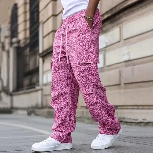 Men's Leopard Print Casual Cargo Trousers - Casual Comfy Fashion, Polyester, Cinch Waist, Contemporary Abstract Design, Utility Pockets, Loose Fit, Cold Wash, Machine Washable, Normal Type, for Youth Leisure Sports & Urban Street Styles, Pants, Sporty