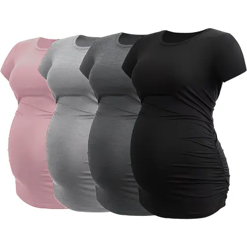 Cymebosilux 4-Pack Maternity Short Sleeve T-Shirts, Ruched Side Stretchy Pregnancy Tops for Daily Wear,summerwins summerwins,travel essentials,camping essentials