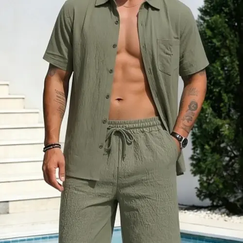 Men's Summer Tropical Linen Collared Short Sleeve Shirt and Straight Leg Shorts Set, Lightweight Breathable Casual Beachwear, Fashionable Basic Fit, Classic, style set, Clothes