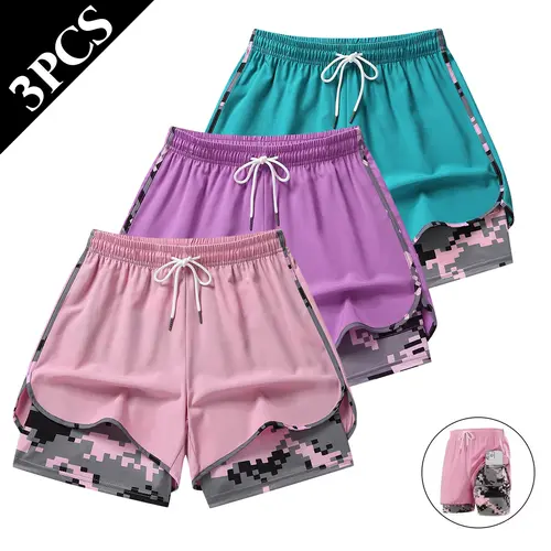 Set of 3 women’s casual athletic shorts — summer lightweight, double-layer breathable running shorts for yoga and cycling, elastic waistband, mid-thigh length,summerwins,summeroutfits,vacationoutfits,beachoutfits