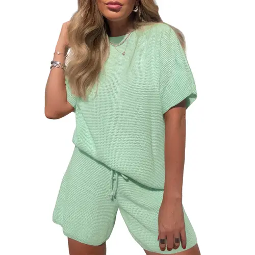 Fisoew Women's 2-Piece Chic Lounge Set, 2026 Summer Short-Sleeve Elastic Polyester Knit Fabric Sweater & Loose Shorts, Casual Travel Outfits