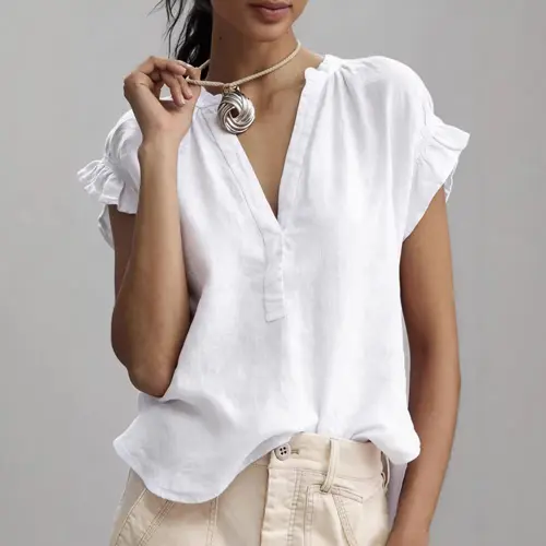 VVZ Women's Casual Flutter Short Sleeve Blouse, Split V Neck Henley Top, Loose Fit Summer Shirt for Daily Commute & Vacation