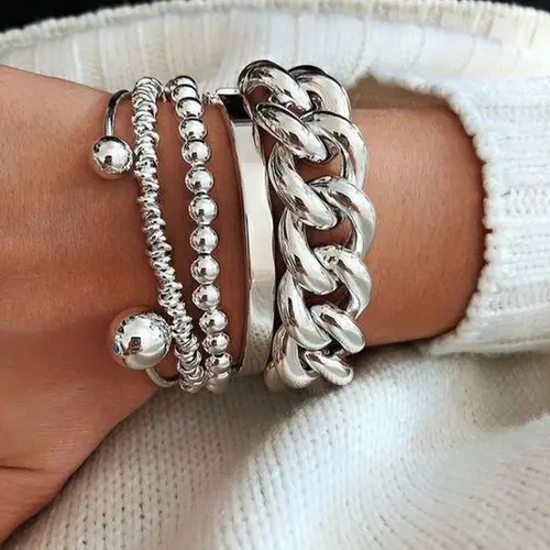 Fashion Chain Open Cuff Bracelet Set, 5Pcs Stackable Cuban Chain Layered Chunky Beaded Bangle, Vintage Exaggerated Old Coin Adjustable Minimalist Trendy Jewelry Accessories, Unisex Fashion Jewellery for Daily Wear Date Party Vacation Holiday Gift