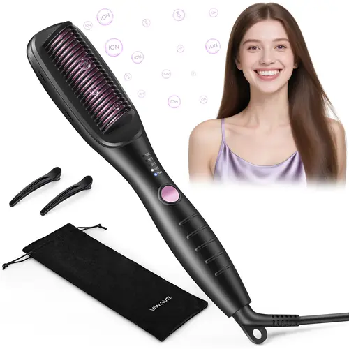 VIWAVE 30s Fast Heating Ionic Hair Straightening Brush – Ceramic Flat Iron Comb with Million Negative Ions, Anti-Scald Design, 4 Heat Settings (140–200°C), Ideal for Frizzy, Curly & Wavy Hair, Quick Daily Styling Black Handle, Smooth, Straightener Brush,