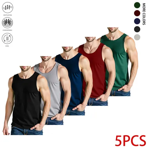 Men's 5-Pack Quick-Dry Crew Neck Running Tank Tops - Breathable, Moisture-Wicking, Loose-Fit, Unisex, Twill, Lightweight Sleeveless Athletic Shirts, Machine-Washable Casual Sportswear for Gym, Summer Training