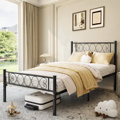 SA-Garvee 12.2 Inch Twin XL Size Metal Platform Bed Frame with Victorian Vintage Headboard and Footboard/Mattress Foundation/Under Bed Storage/No Box Spring Needed/Easy Assembly/Noise Free, Black