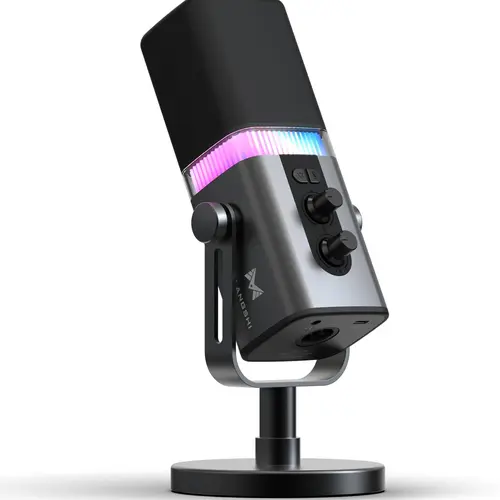 ECHOMUSSY Dynamic Podcast Microphone for Podcast Setup, USB & XLR Dual Connect Mic with USB Type C, 5 Lighting Options, 3.5mm Compatibility, Desktop Stand, Mute Button, All-Metal Body, Gain & Volume Control, Gaming Livestreaming Mic, Rgb Light, Pc & Lapto