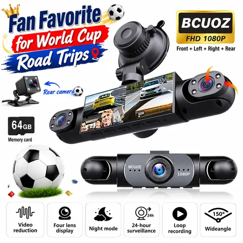 【Not  wireless】BCUOZ 4-Channel  Dash Cam,1080P Full HD Front+720P Rear Left Right Coverage, Requires charging to use, G-Sensor, With Free 64GB Memory Card,  Car Dashboard Camera / Safe Driving