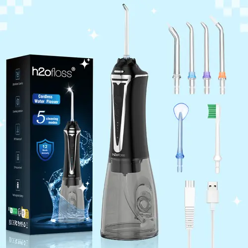 h2ofloss Rechargeable Water Flosser Teeth Cleaner with Batteries - 5 Modes, IPX7 Waterproof, Plaque Removal Oral Irrigator for Braces - Home & Travel Box Set (P11 Black Holiday Value Pack) for Valentine’s Day, Father’s Day