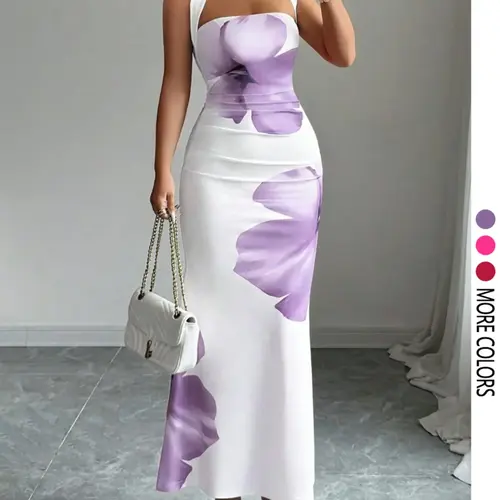 Women'sSummer Halter Neck Sleeveless Tie Waist Slim Fit Elegant Chic Printed Mid-Length Dress Bodycon Print Dress