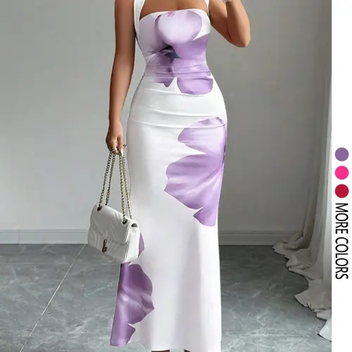 Women'sSummer Halter Adjustable Tie Waist Slim Fit Elegant Chic Printed Mid-Length Dress