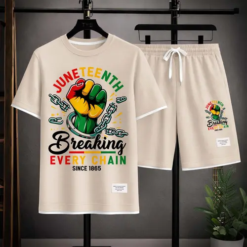 Men's Juneteenth: Black History Print Drawstring Shorts Set For Spring/Summer. A Casual Summer Outfit, Including A Short-Sleeved Shirt And Shorts, Suitable For Everyday Wear And Sports. A Two-Piece Set For A Relaxed And Energetic Lifestyle.