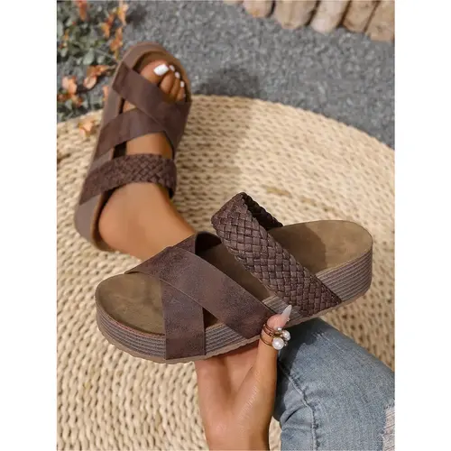 Women Sandals Beach Sandals New Thick Bottom Braided Cross Casual Solid Color Slippers Springfresh