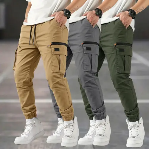 Men's Outdoor Cargo Trouser 3-Pack - American Casual Straight-Leg Tapered Menswear, Tactical Polyester Edit Plain Clothes for All-Season Commuting, Zippered Large Pockets, Holiday Gift for Outdoor Enthusiasts