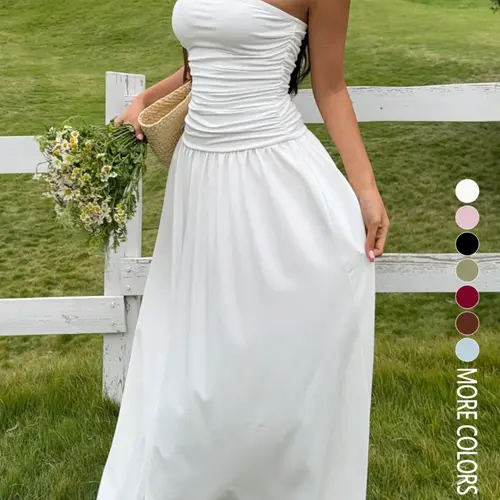 Women's Solid Color Strapless Ruched Chic Maxi Dress, Elegant Casual Long Summer Dress for Wedding Guest, Beach Vacations, Parties and Outings