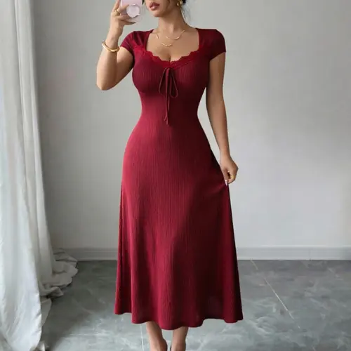 Women's Knitted Bodycon Fit Lace Patchwork Dress, Bodycon Dresses, Stretchy Ruched Womenswear Fashion Dress, Perfect for Casual Daily Wear, Ideal Gift for Her