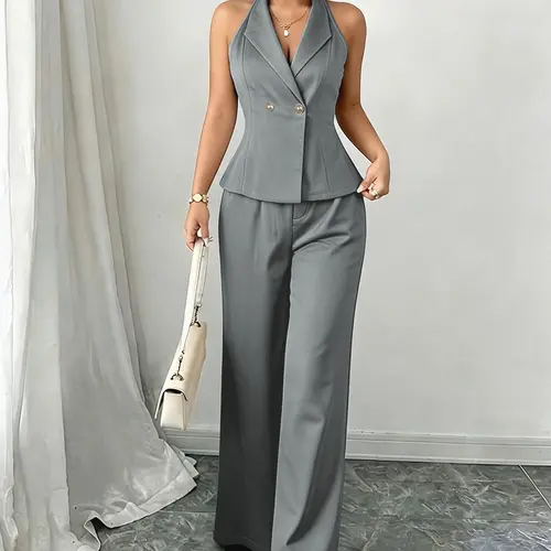 Women's Solid Color Business Chic Style Set, Plain Pants Set, Suits, Sleeveless Vest + Wide Leg Pants, Casual Two-Piece Outfit Summer, Fashion Sets, M2647#, Elegant and Comfortable