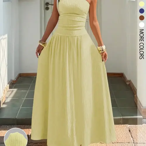 Women's New Cream Yellow Textured Knit Strapless Dress, Chic, Summer ,Summer Dress.