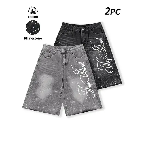 Streetwear Grey Embroidered Jeans: vintage-style, distressed, diamond-studded, embroidered casual jeans two-piece set, including cropped jeans, letter-embroidered casual jeans, American street style, fashionable daily wear denim Embroidery
