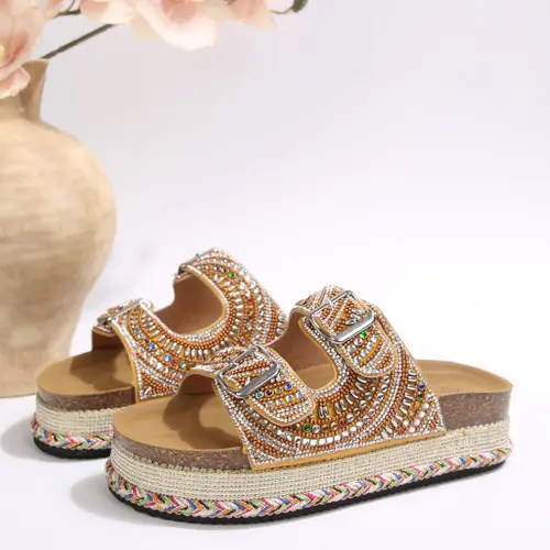 New Summer Women's Fashion Rhinestone Fisherman Sandals, Flat Bottom Beach Shoes, Thick Sole Jute Rope Water Drill Soft Wood Slip-On Footwear, Casual Summer Fashionable Sandals