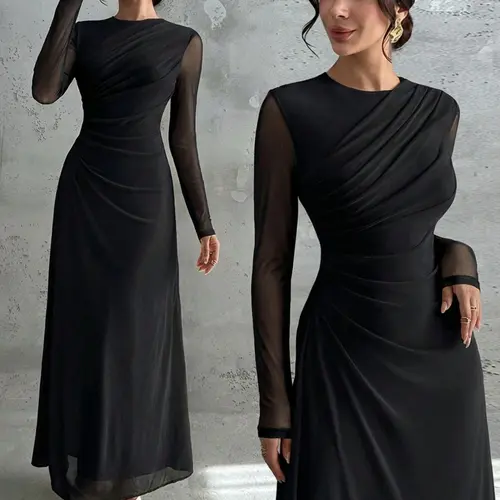 Women's Ruched Lightweight Maxi Dress, Womenswear Sheer Long Sleeve Mesh Formal Evening Gown, Elegant Modest Bodycon Dress for Wedding Guest & Parties