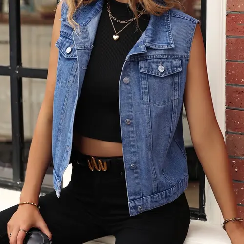 Women's Vintage Washed Denim Vest, Casual Fashion Vest, Sleeveless Single Button Denim Tank Top, Classic Basic Casual Outerwear Fit, Perfect for Everyday Wear