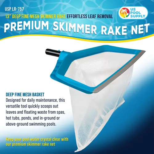 Pool Skimmer Net - Leaf Rake Fine Mesh Pool Skimmer Net, Rubber Scoop Edge, 13" Deep Leaf Bag, Aluminum Pole Handle
