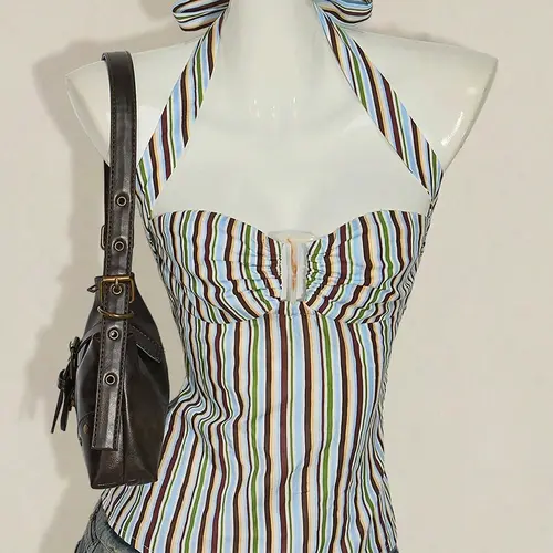 1 Piece Colorful Striped Halter Sleeveless Top, Fashion Retro Sweetheart Neck Fitted Crop Tank, Cropped Tank Top, Crop Tank Tops