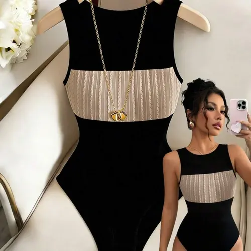 Summer Knitted Sleeveless Round-Neck Colorblock Patchwork Fitted Bodysuit Top, Casual Yet Elegant Aesthetic Vacation and Party Womenswear