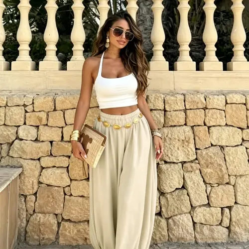 Women's Summer Casual Fashion Solid Color Long Pants, Casual Loose Fit Baggy Elastic Waist Lantern Trousers for Everyday Wear