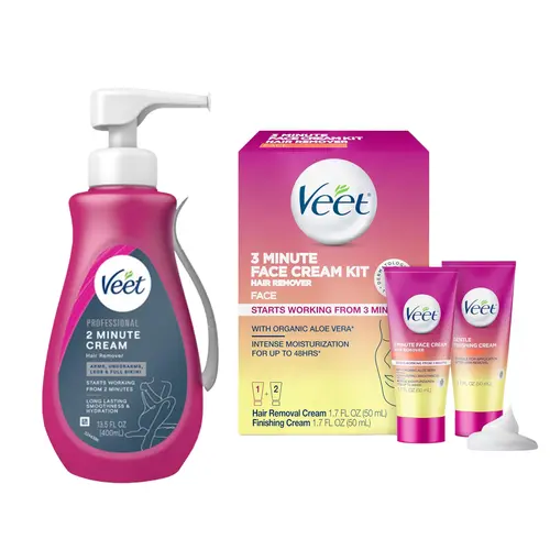 VEET Professional 2 Minute Hair Removal Cream For All Skin 13.5 FL OZ Bottle w/Spatula, Purple + Veet 3 Minute Facial Hair Removal Cream for Women 1.7 Fl Oz Hair Removal & Finishing Cream