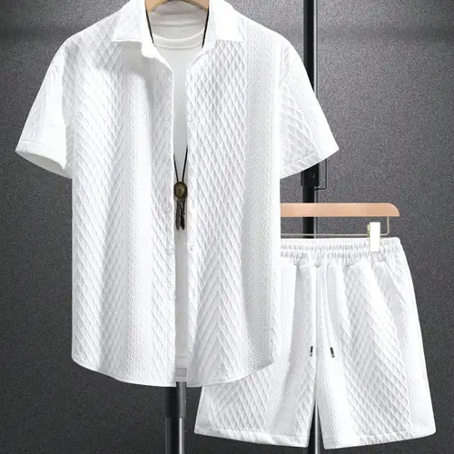 Textured Knit 2-Piece Outfit for Men, Summer Casual Loose Fit Button-Down Shirt & Drawstring Shorts Set for Vacation Daily Wear