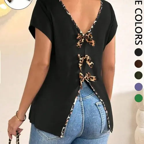 Women's Double V-Neck Short Sleeve Casual T-Shirt Top, Leopard Contrast Binding, Back Slit with Bow Accents, High Stretch Knit Fabric for Daily and Weekend Wear, Chic