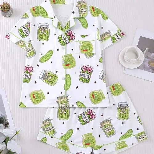 Women's 2-Piece Pajama Set, Nightwear, Pjs, Cartoon Print, Casual Fitted Style, Short Sleeve Shirt & Elastic Shorts, Comfortable Home Wear, Loungewear, Romantic Gift, Homewear, Pajama Lounge Sets, Pajama Clothes