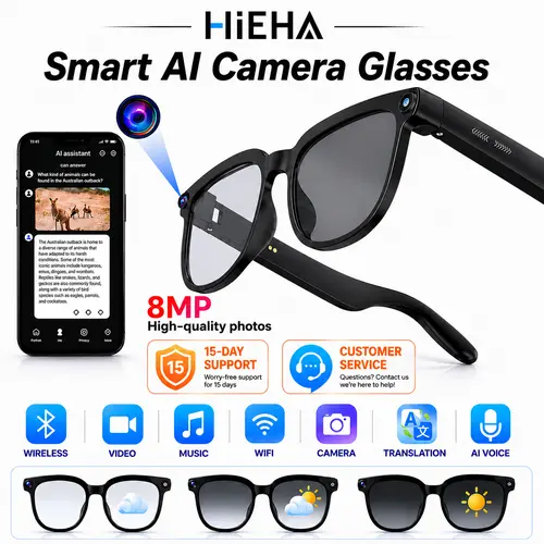 HIEHA 2026 New Wireless Wearable AI Smart Eyewear - 8MP Camera, Photo & Video Recording, Open-Ear HD Audio, Bluetooth Calls & Music, UV Protection, Multi-Language Translation, Button Control, Cool Tech Gadgets for Travel,father'sdaygifts