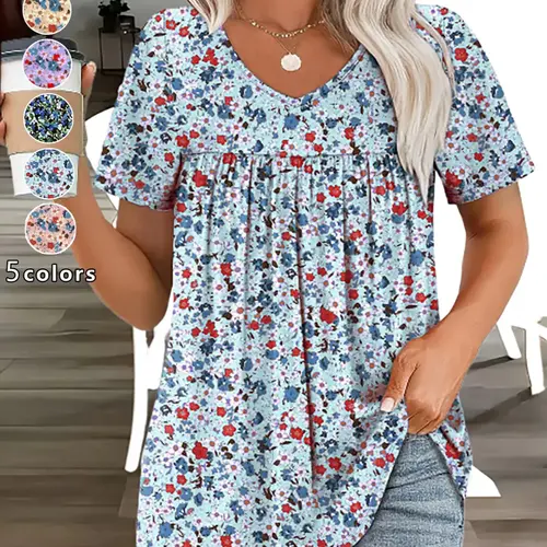 Fashionable Boho Fashion Shirt Plus Size Floral V-Neck Short Sleeve T-Shirt Blouse, Casual Loose Fit Pleated Top, Women's Stylish Everyday Wear, Womenswear
