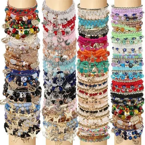 Women's 24Pcs Bohemian Beaded Bracelet Set - Multilayer Stretch Band Wrist Stack, Pastel & Vibrant Colors, Cute Accessories, Bracelet Stacking, Bejeweled Style, Dopamine Hippie Jewelry, Gifts for Girls, Beach Festival Wear