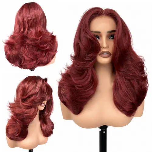 [Choppy Layers] Detroit Layers Summer Vibe Beginher Hair 20 inches Heat Resistance 200% Density Butterfly Cut Middle Part 4x1 T-Part Lace Synthetic Wear Go Beginner Pre Cut Glueless Wigs Ruby Red Color