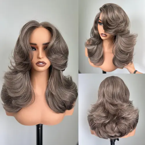 [Choppy Layers] Detroit Layers Summer Vibe Beginher Hair 18 inches Heat Resistance 200% Density Butterfly Cut Middle Part 4x4x1 T-Part Lace Synthetic Wear Go Beginner Pre Cut Glueless Wig Ash Brown Gray