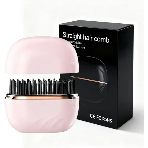 Pink Cordless Mini Hair Straightener Brush - Beauty Products, Hair Tools, Rechargeable, 3-Speed Adjustable Temperature Control, Anti-Scald Shell, Lightweight, Smooth, Portable for Home & Travel, Party Gift for Home Supplies, Thermal Brush