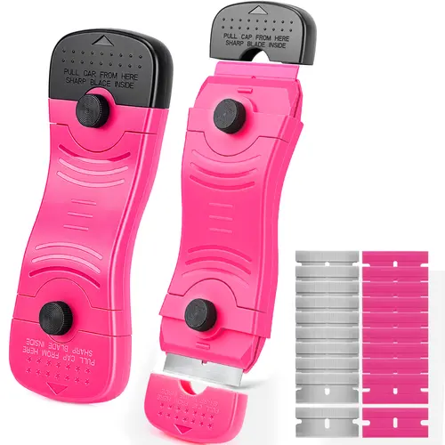 【BackToSchool】THINKWORK Razor Blade Scraper - Pink Razor Scraper Gift for Women, 2-in-1 Scraper Tool Set with 20Pcs Razor Blades for Removing Window Labels, Decals, Stickers, Glass Stove Top (2 Pack)