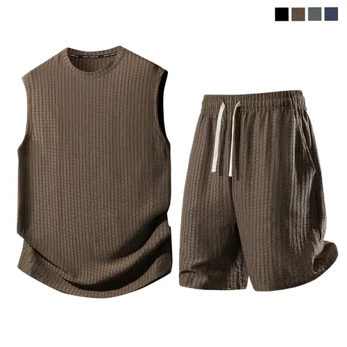 Men's 2-Piece Plain Waffle Knit Sports Clothing Set - Sleeveless Round Neck Tank Top, Elastic Waist Drawstring Casual Shorts, Breathable Comfortable Summer Apparel for Workout, Daily Wear, Two Piece Set