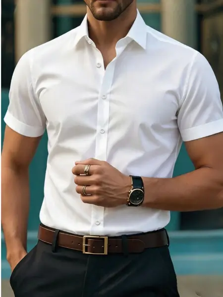 Men's Plain Slim-Fit Short-Sleeve Collared Button-Down Business Shirt - Fashion Commuting Top, Warm-Day Wear, S(110), M(115), L(120)