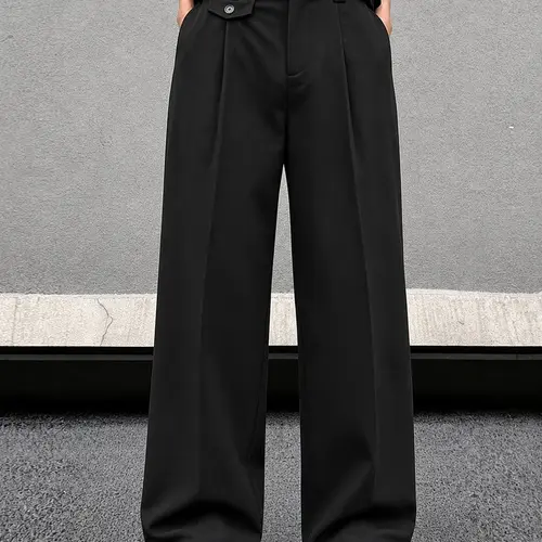 Men’s high-waisted pleated wide-leg dress pants made from drapey, wrinkle-resistant fabric; dual street-style and light-casual looks for office and everyday wear; versatile high-waist wide-leg design; minimalist pleated casual trousers.