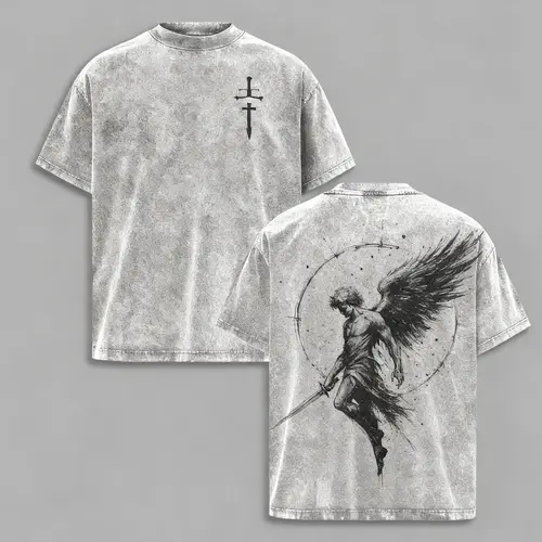 Men's Heavyweight Pure Cotton Short Sleeve Crew Neck Pull-On Print T-Shirt - Fallen Angel Double Cross & Sword Cartoon Graphic, Gothic Streetwear Dark Aesthetic Goth Clothes Concert-Ready Tee, Affordable Casual Fit Top (50% Off)