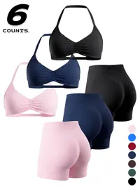 Women's Sporty 6-Piece Set, Seamless Yoga Outfits, Yoga Workout Activewear, Athleisure Activewear, Seamless Comfortable Backless Padded Sports Bra & High-Elastic Yoga Shorts, All-Seasons High Stretch Activewear