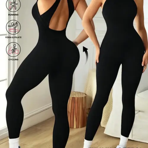Women's Spring Summer Jumpsuit, Casual Long Sleeve Plain Design, Comfortable Unlined Style, Ideal for Daily Wear & Yoga, Yoga Workout Jumpsuits