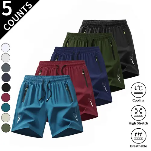 3-Pack/5-Pack Men’s Sports Quick-Dry Athletic Shorts With Zipper Pockets, Summer Ice Silk Beach Shorts, Ice-Sense Quick-Dry Sports Casual Shorts, Basketball Shorts Thin, Men's Clothing Reflective Strip Design, Menswear,Suitable For Running And Fitness. ou