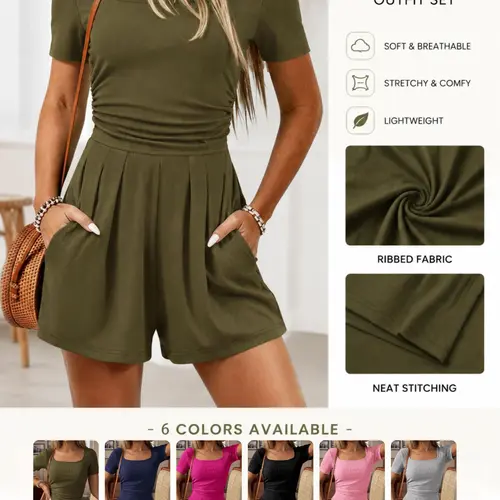 Summer New Comfortable Polyester Ribbed Fitted Short Romper for Women, Casual Office Wear Clothes